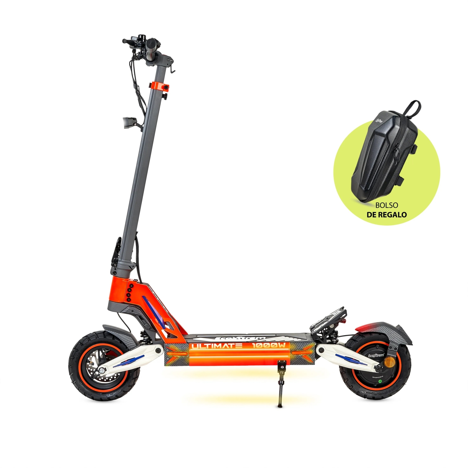 Uno scooter elettrico arancione e grigio con borsa nera.
