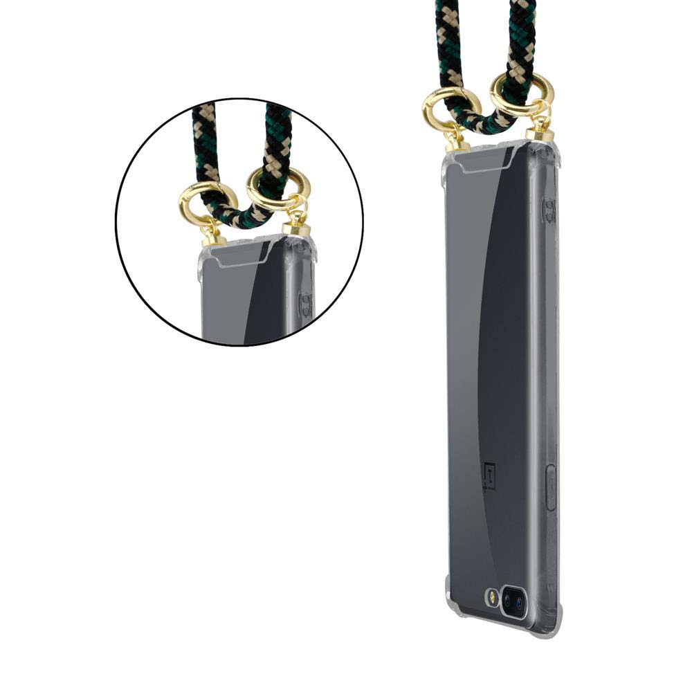Handyhülle mit Kordel, schwarz, grün und beige, mit goldenen Ringen.