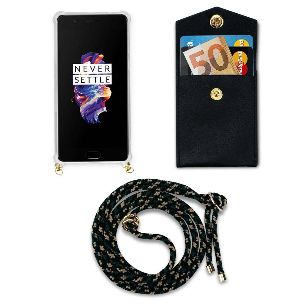 Ein Smartphone mit Hülle, eine schwarze Tasche mit Geld und Karten, und eine Kordel.