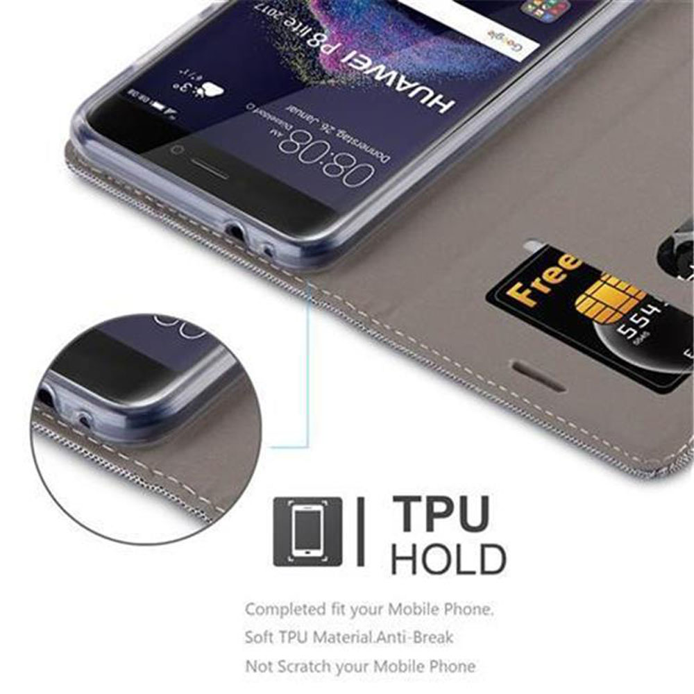 Graue Handyhülle mit Einsteckfach für eine Karte, zeigt Huawei P8 lite 2017.