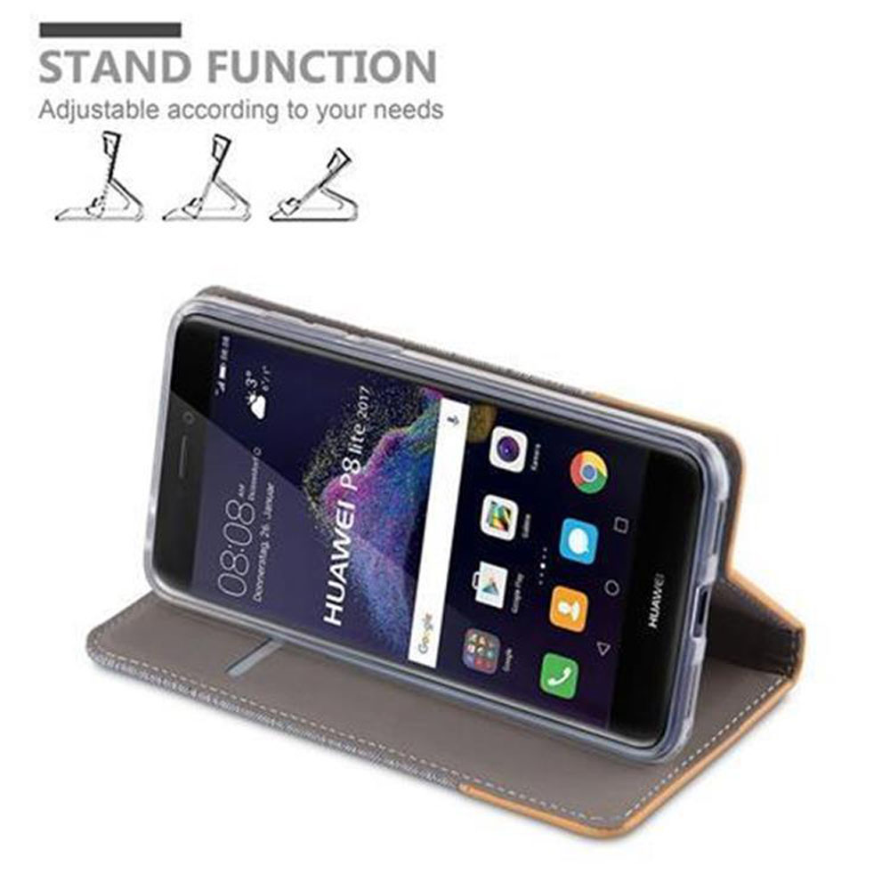 Graues Flip-Case mit Handy, zeigt Standfunktion. Icons auf dem Bildschirm.