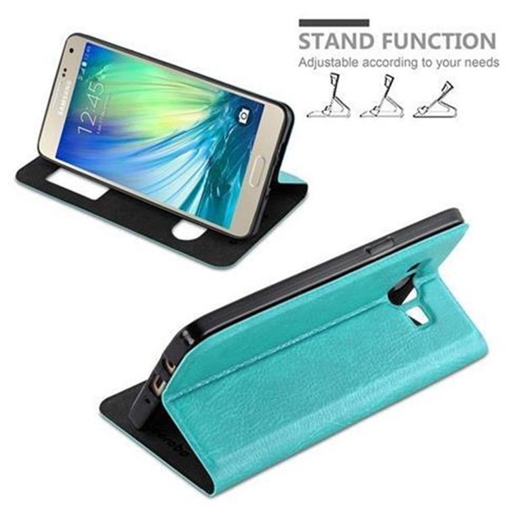 Uno smartphone in custodia turchese con funzione stand.