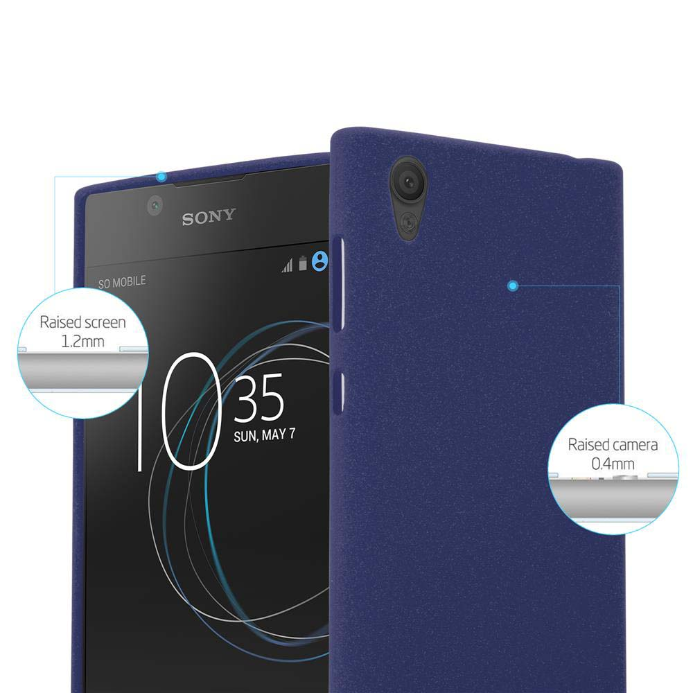 Smartphone Sony in custodia blu, mostra ore 10:35. Dettagli protezione evidenziati.