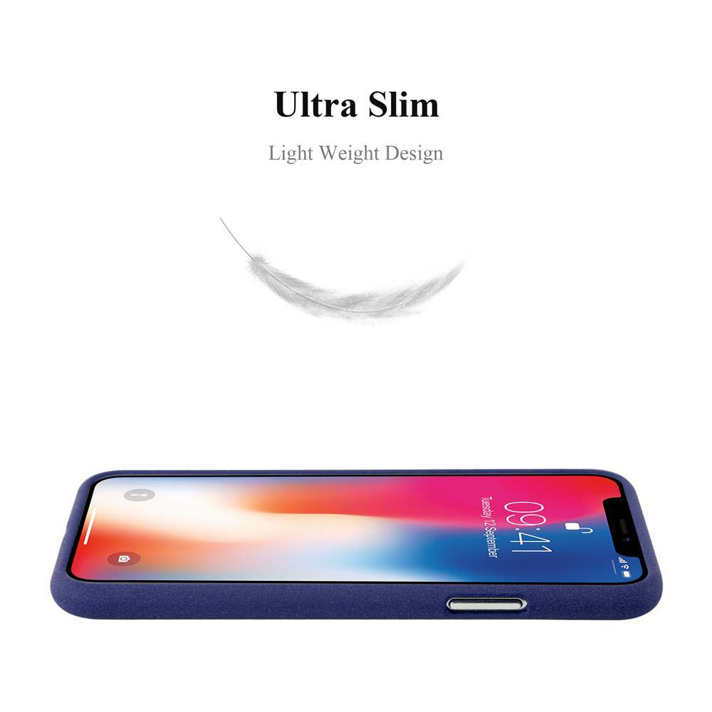 Custodia blu per iPhone con grafica a piuma e testo.