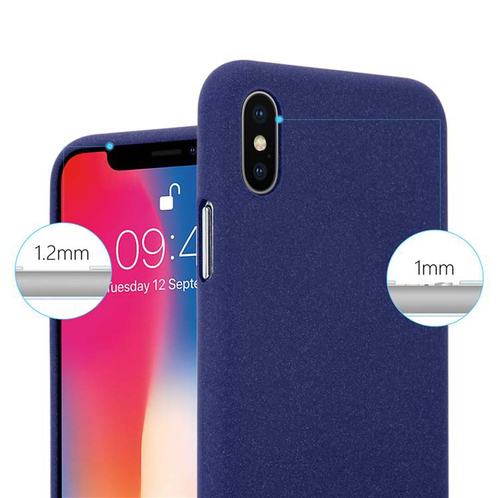 Cover blu scuro mostra spessore di 1mm e 1,2mm su schermo iPhone.