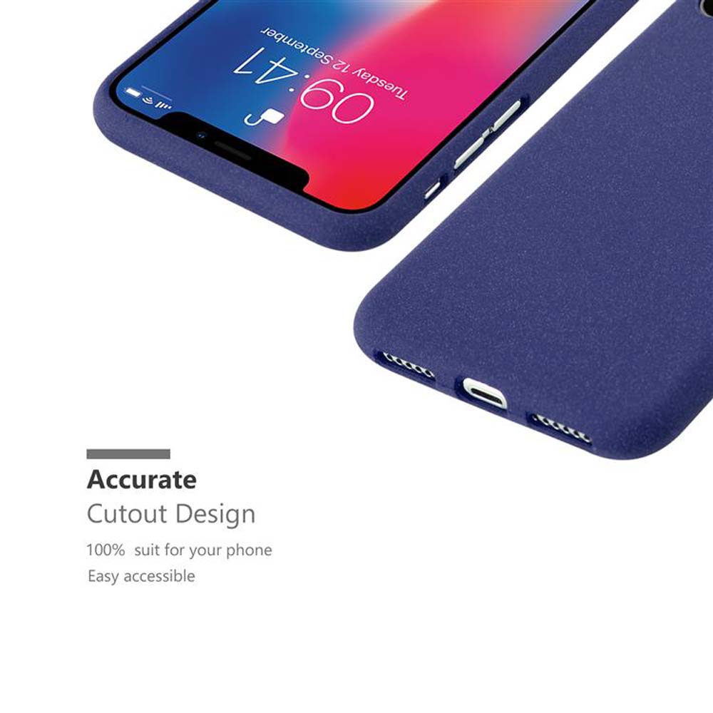 Custodia blu scuro per telefono con ritaglio per schermo iPhone. 09:41.
