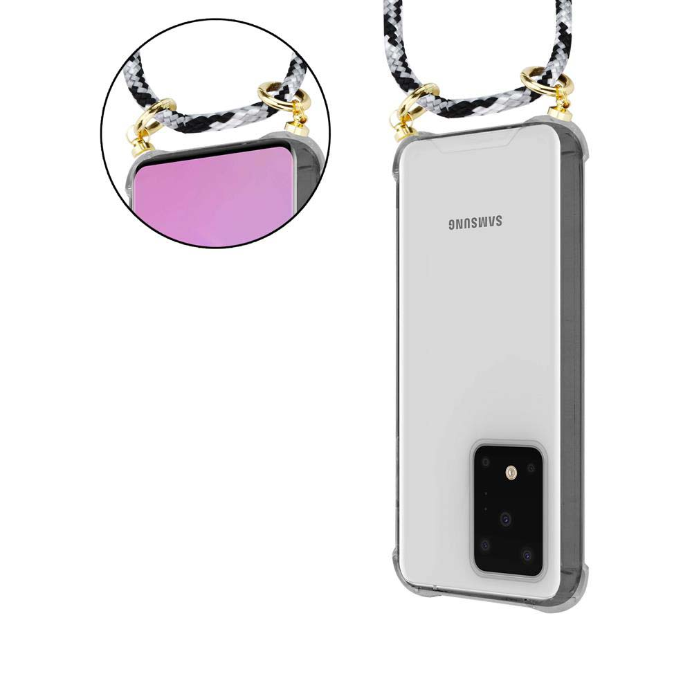 Uno smartphone in una custodia trasparente con un cordino attaccato. Lo schermo è visibile a sinistra.