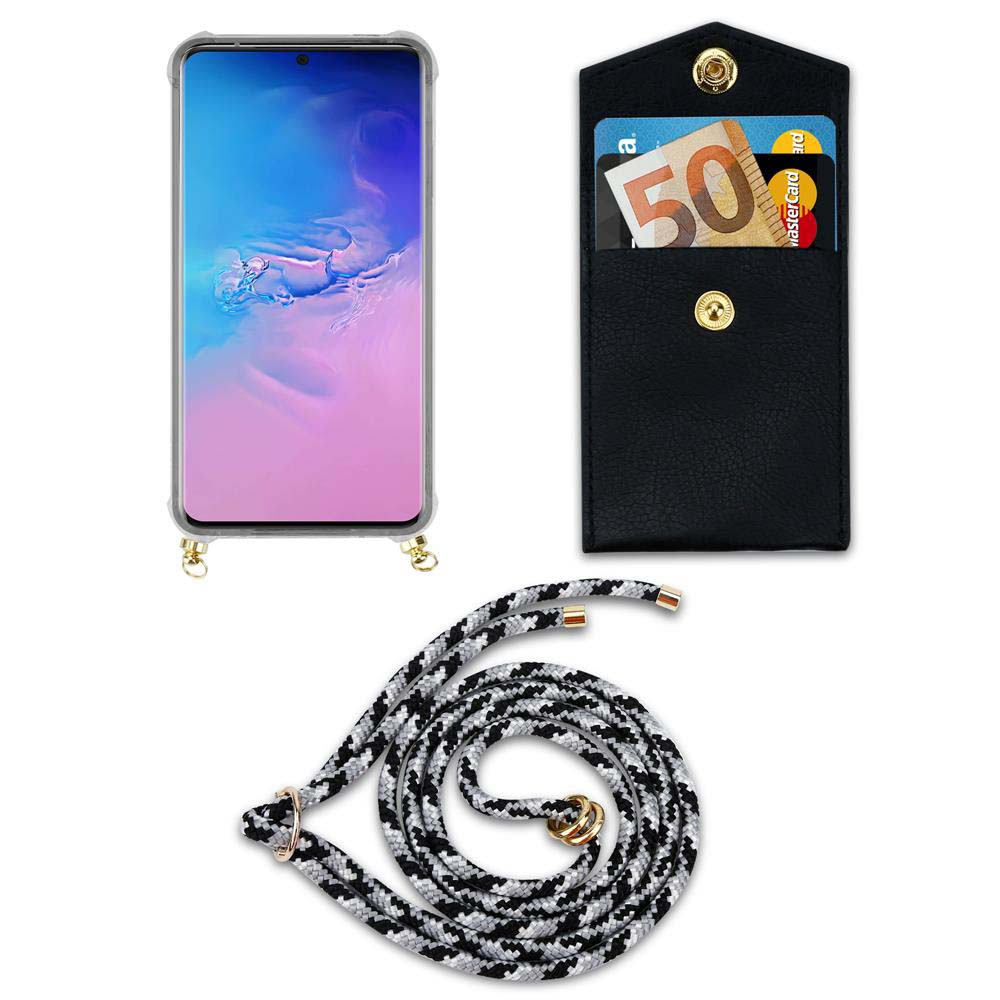 Smartphone con custodia, portaoggetti nero con soldi e carte, corda.