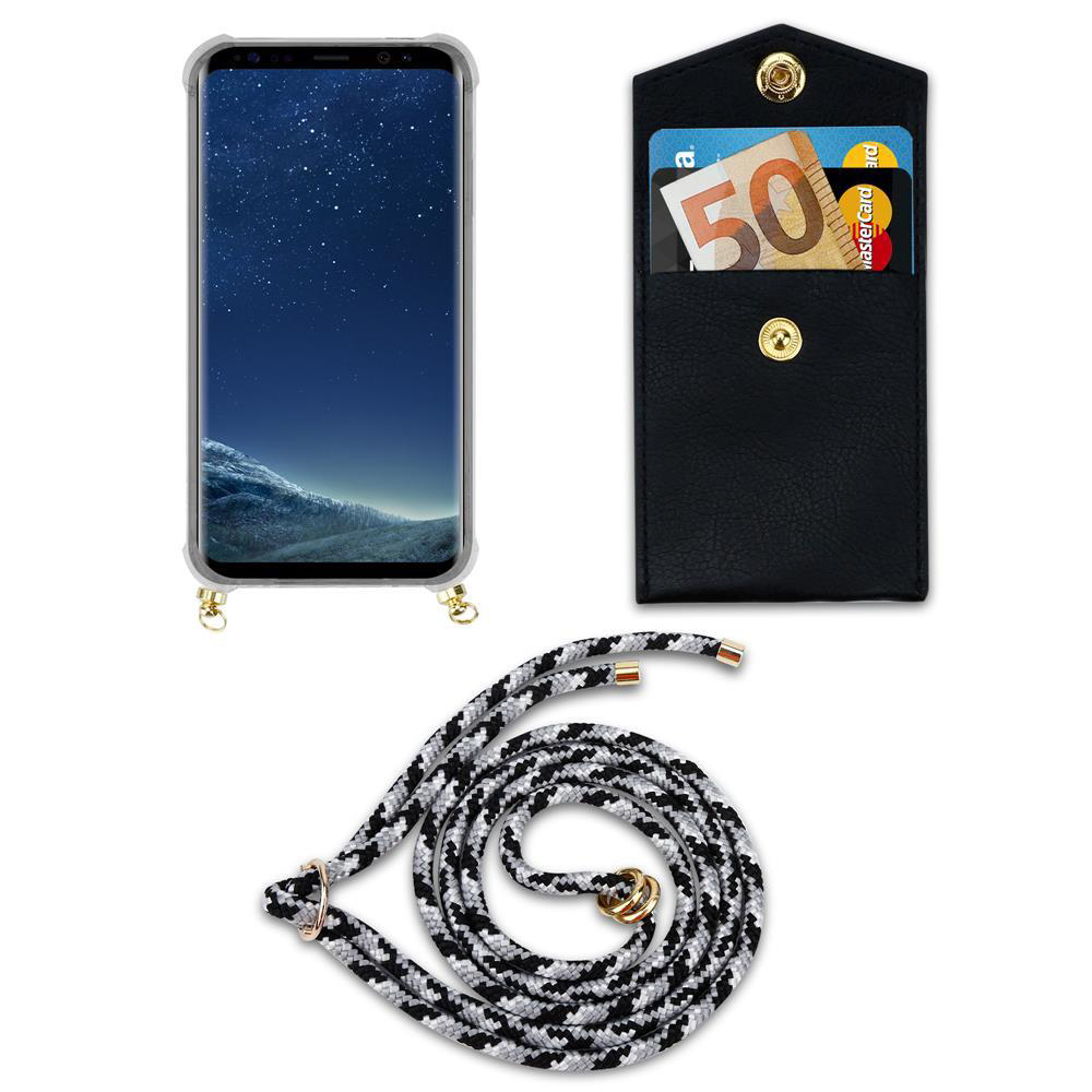 Uno smartphone in custodia, un portafoglio nero con soldi e carte, e un cordino.