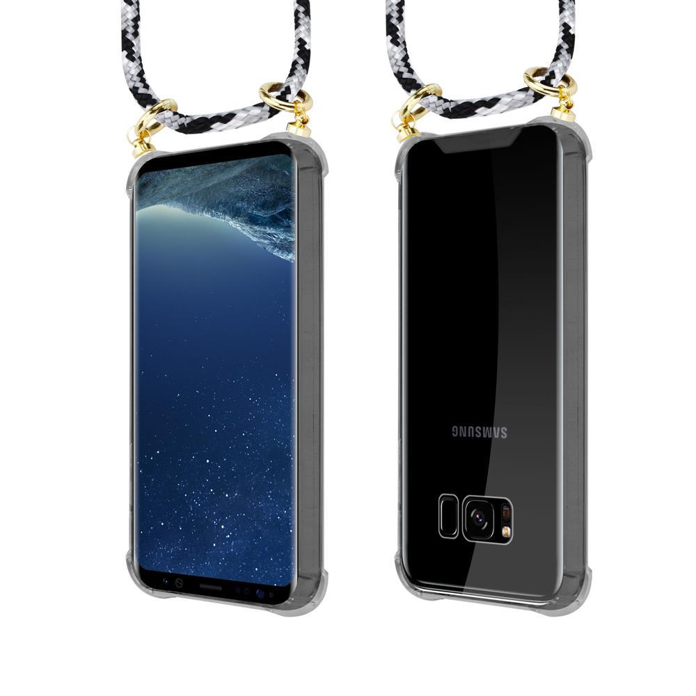 Due smartphone in custodie trasparenti con cordini, corde bianche e nere.