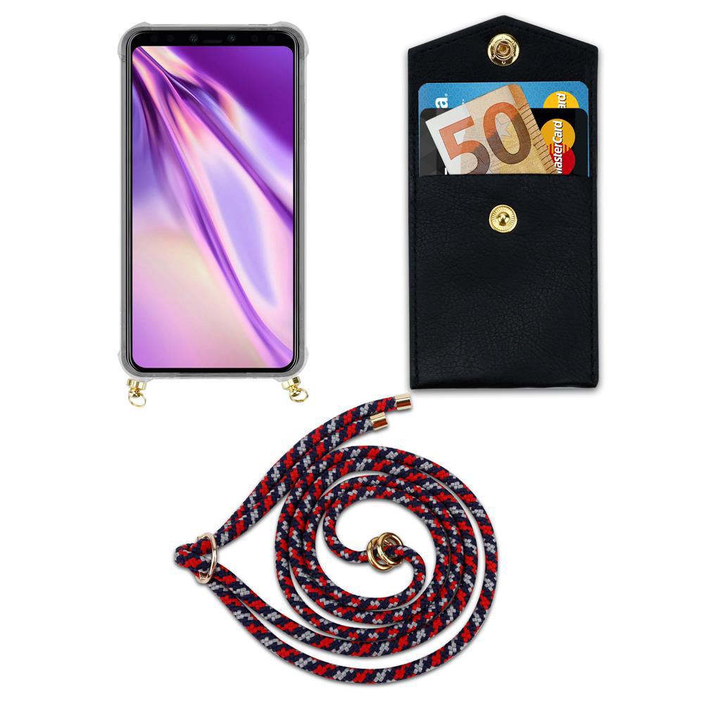 Ein Smartphone in einer Hülle mit einer Brieftasche und einer Lanyard.