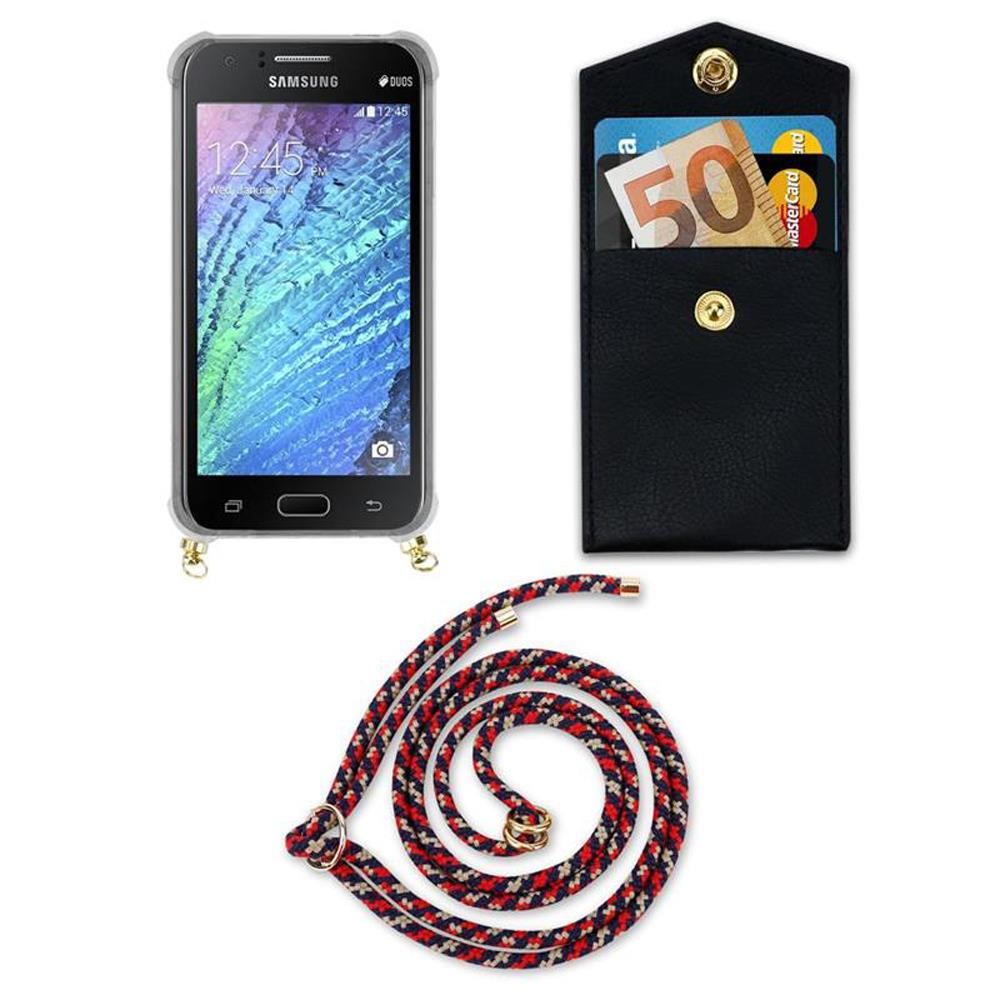 Uno smartphone in custodia trasparente, portafoglio nero con carte e contanti, laccio.