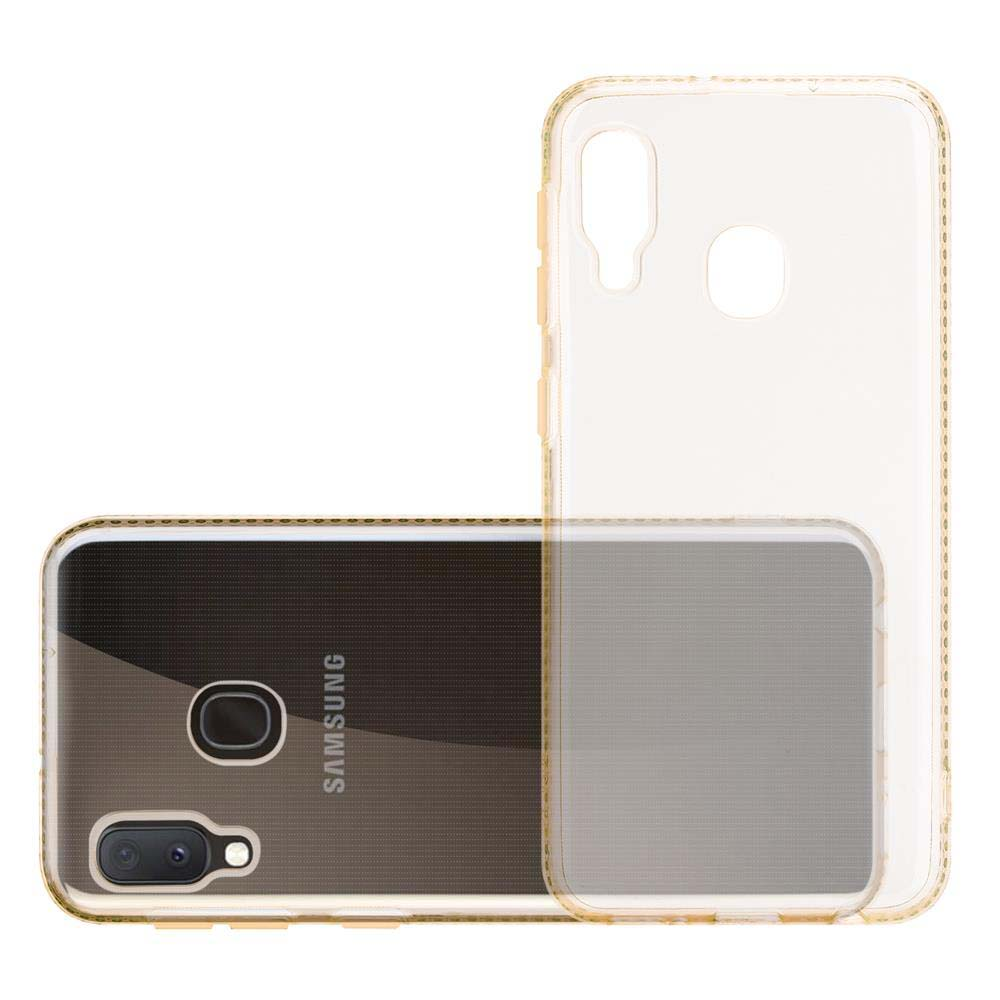 Custodia trasparente per telefono Samsung con fotocamera, sensore e logo.