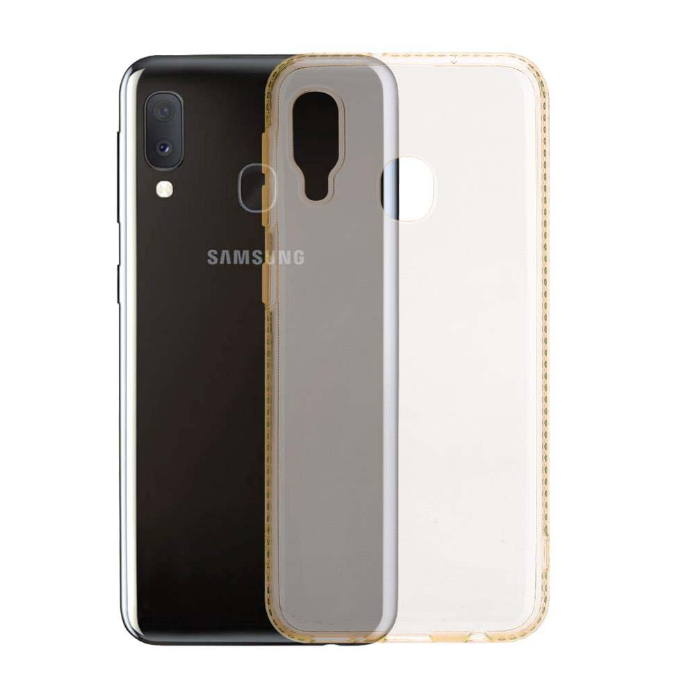 Un telefono Samsung nero con una custodia trasparente su sfondo bianco.