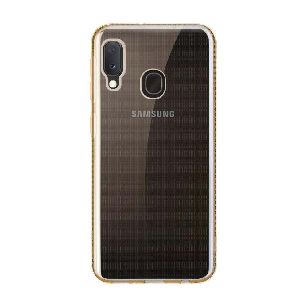 Vista posteriore di una custodia trasparente per telefono con bordo dorato, mostra obiettivi fotocamera e logo Samsung.