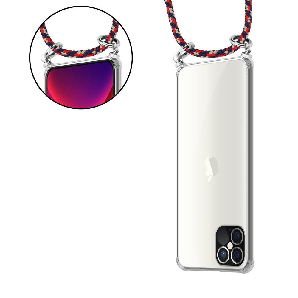 Una cover trasparente per telefono con un cordino multicolore.