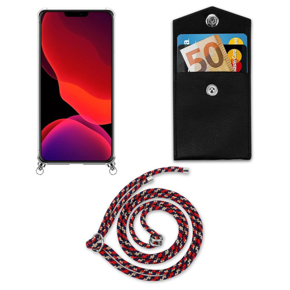 Uno smartphone con sfondo rosso, un portafoglio nero con banconota da 50 euro e carta, e un cordino.