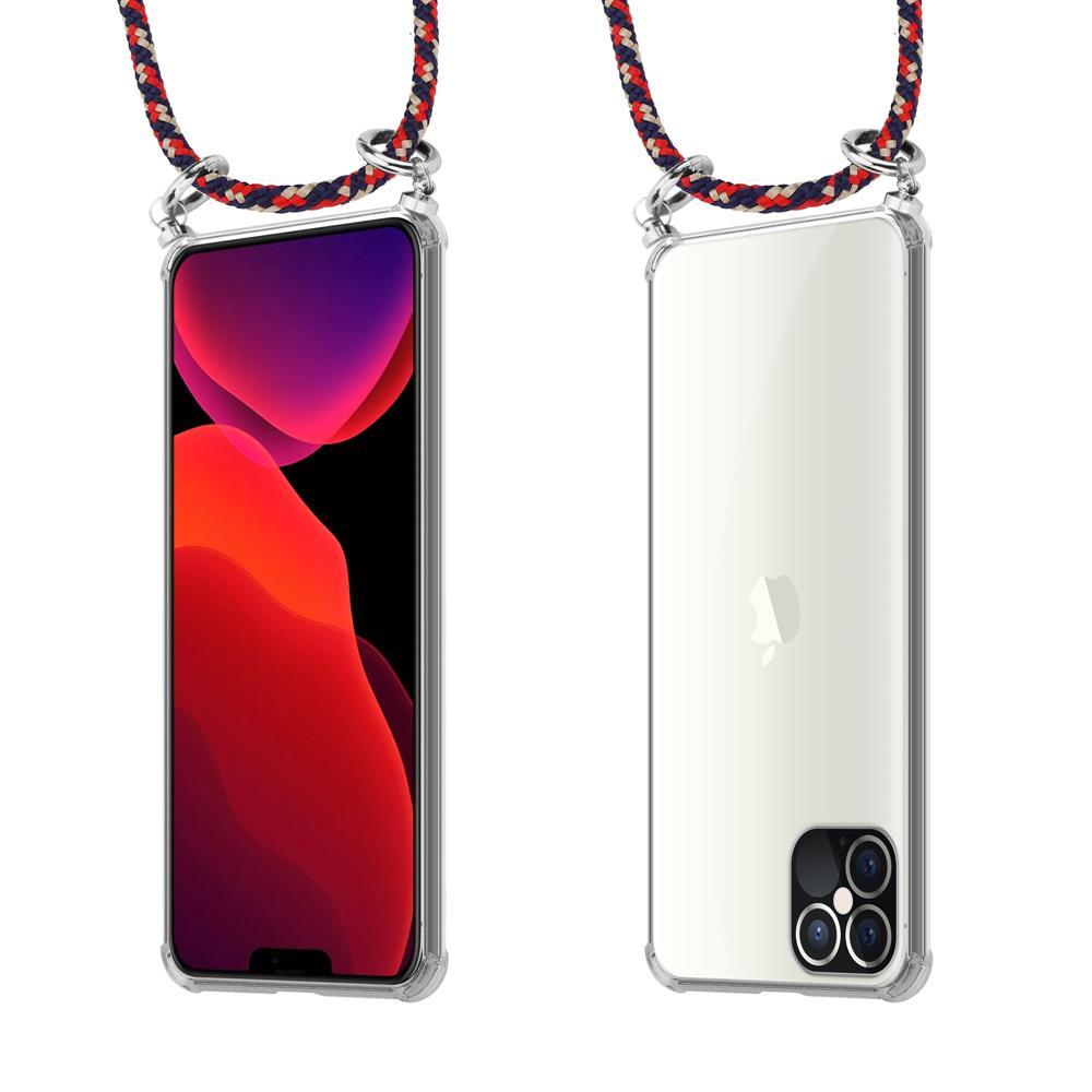 Uno smartphone in custodia trasparente con laccetto, vista frontale e retro.