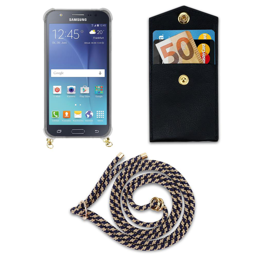 Uno smartphone in custodia, un portafoglio con soldi e carta, e un laccio.