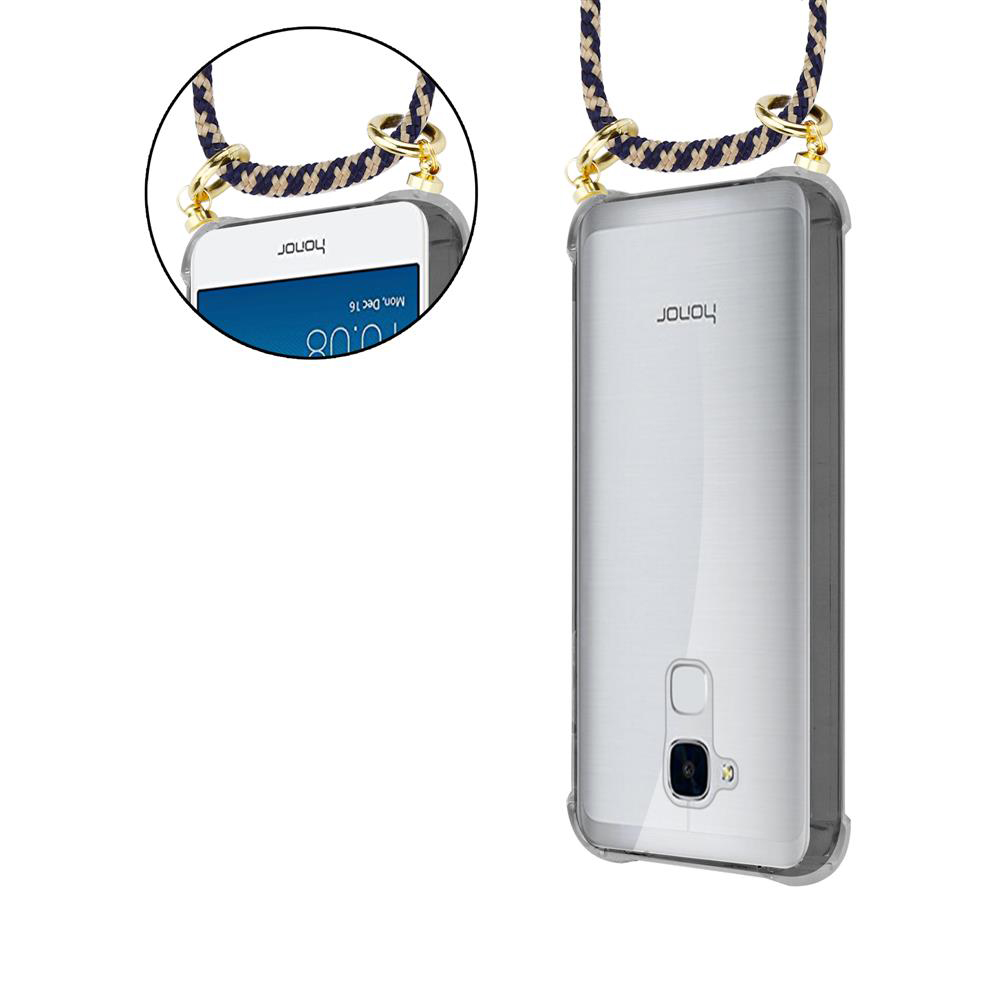 Ein Handy mit transparentem Schutz und einer blauen/braunen Kordel.