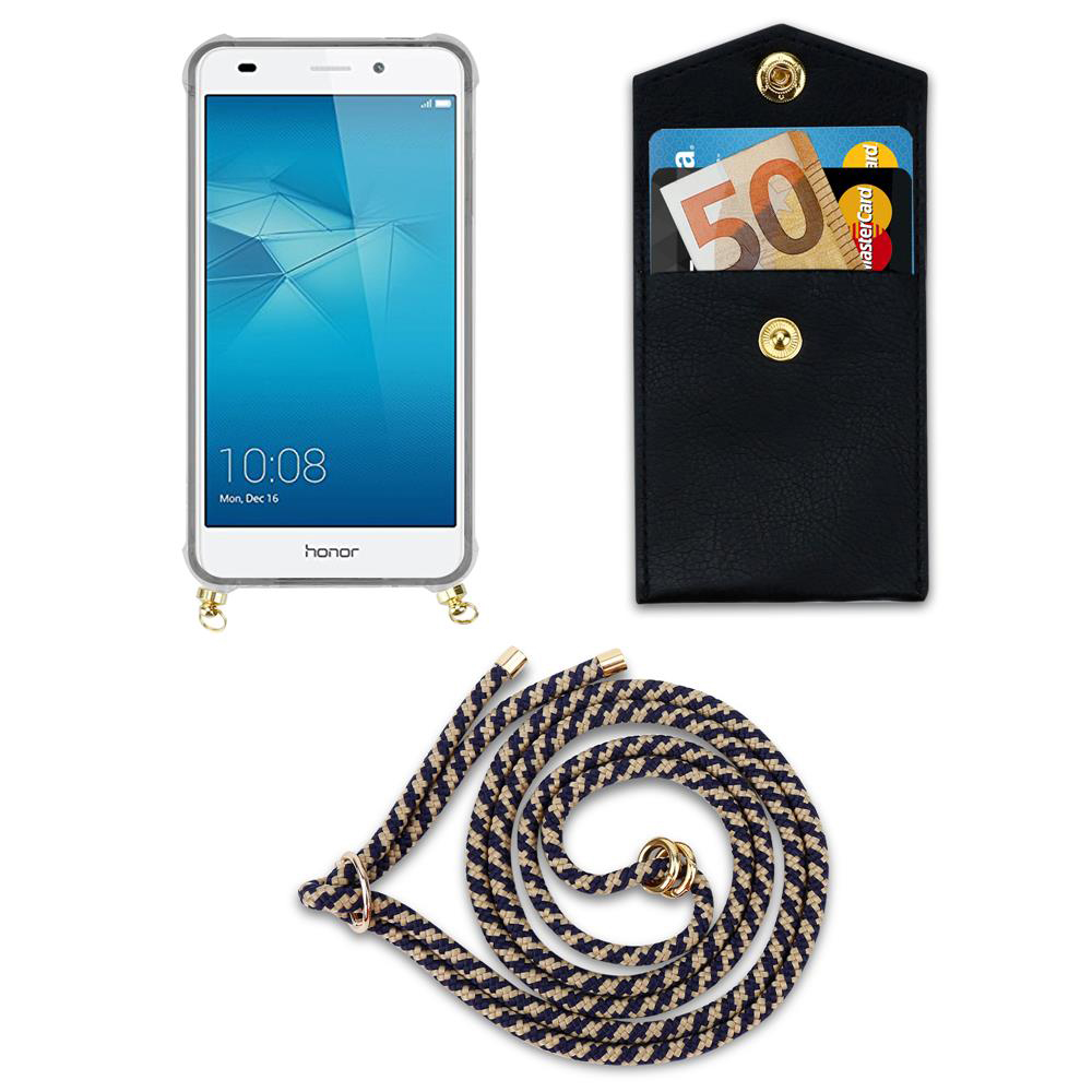 Smartphone, schwarze Brieftasche mit Karten und Geldschein, Kordel