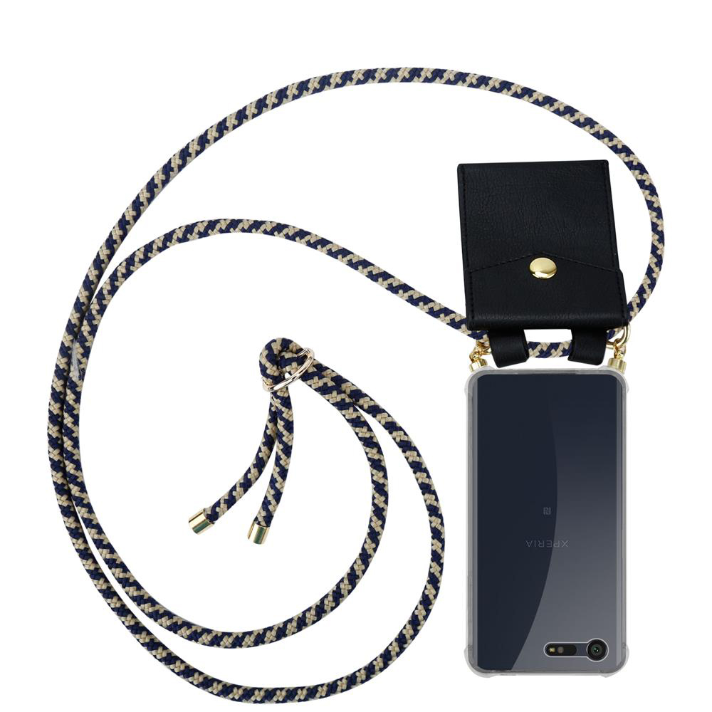Un smartphone con correa de cuello azul marino y beige y un pequeño bolsillo negro.