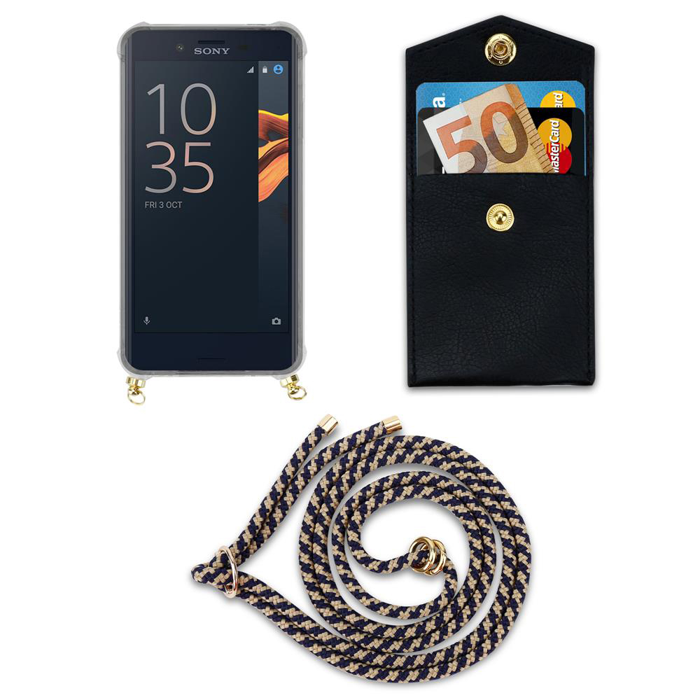 Teléfono inteligente con funda, billetera con dinero y tarjeta, y cordón.