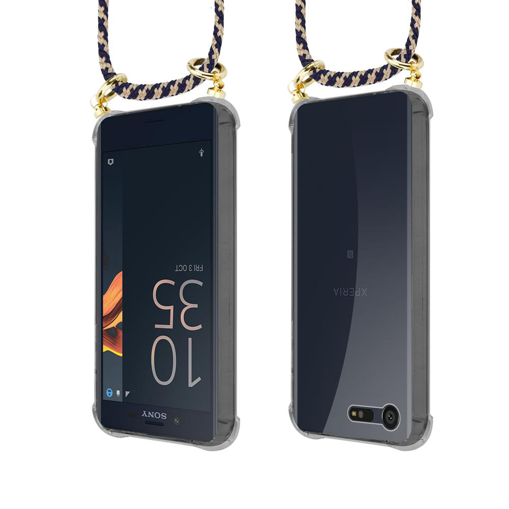Dos vistas de un smartphone en funda con correa. La frontal muestra la hora.