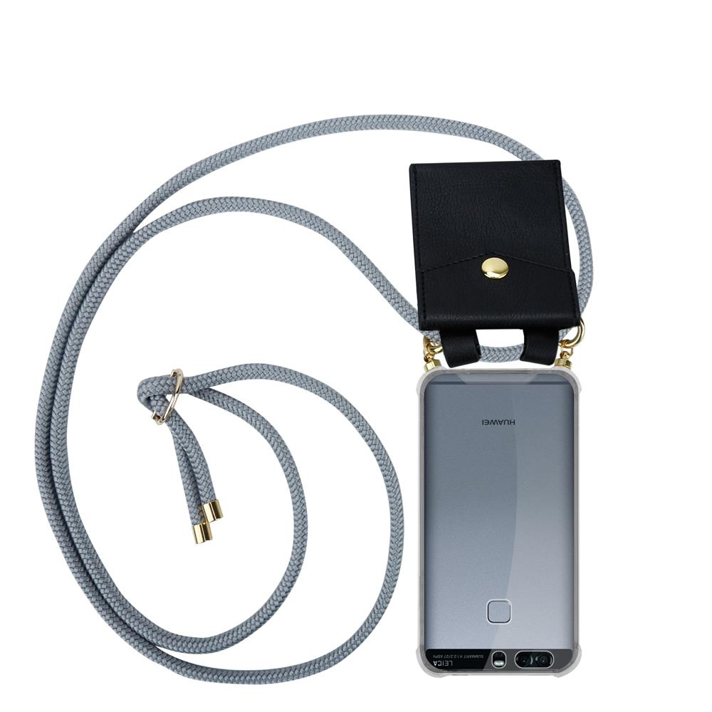 Graues Handy-Lanyard mit schwarzer Leder-Tasche und transparentem Huawei-Handy.