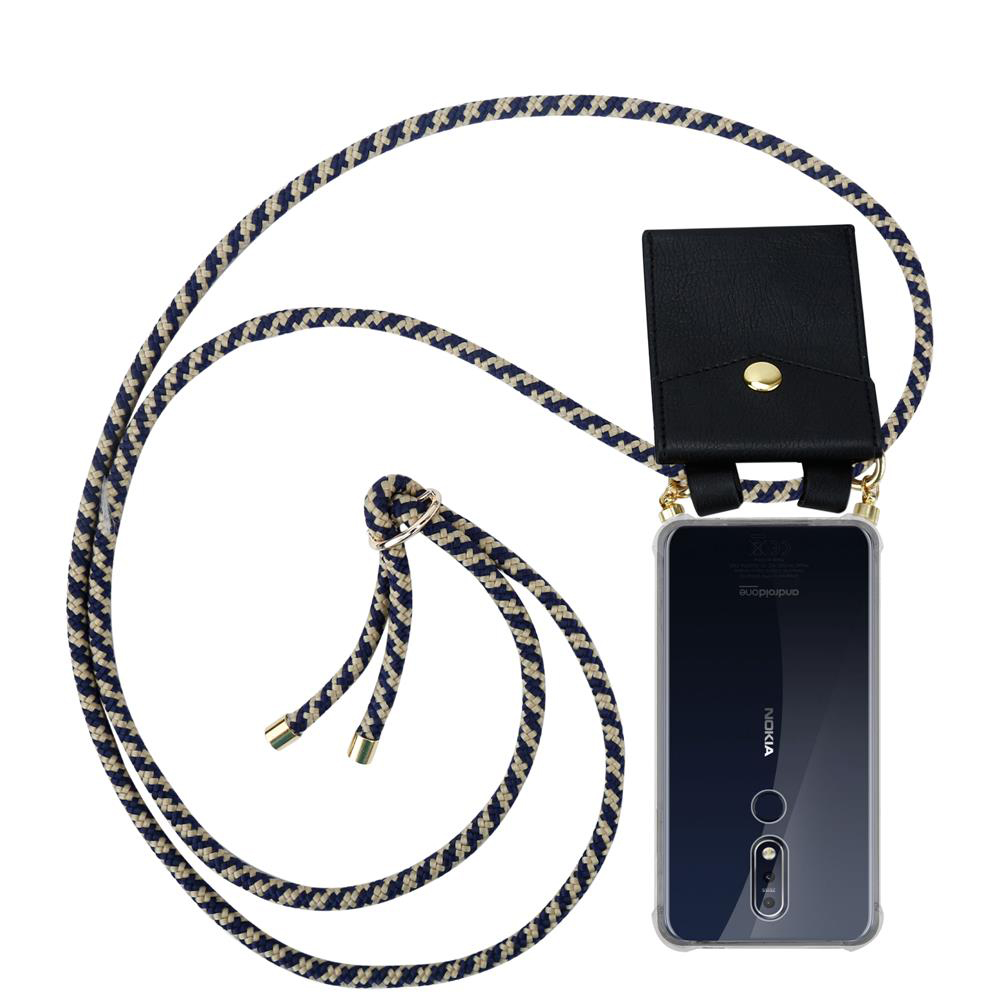 Ein schwarzes Nokia Handy mit Trageband und kleiner Tasche.