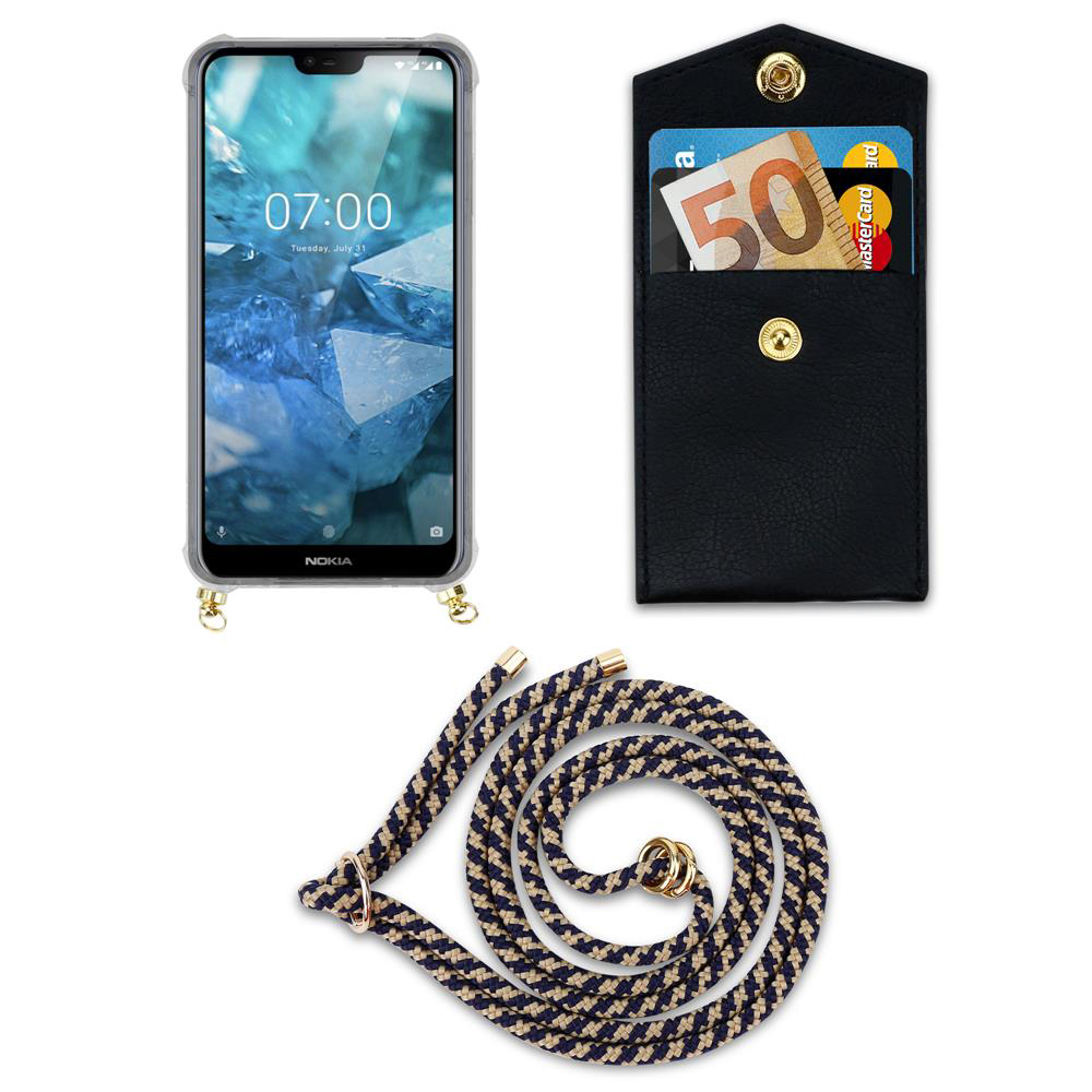 Nokia Handy mit schwarzer Hülle, Geldbeutel mit Geld und Karten, Lanyard.