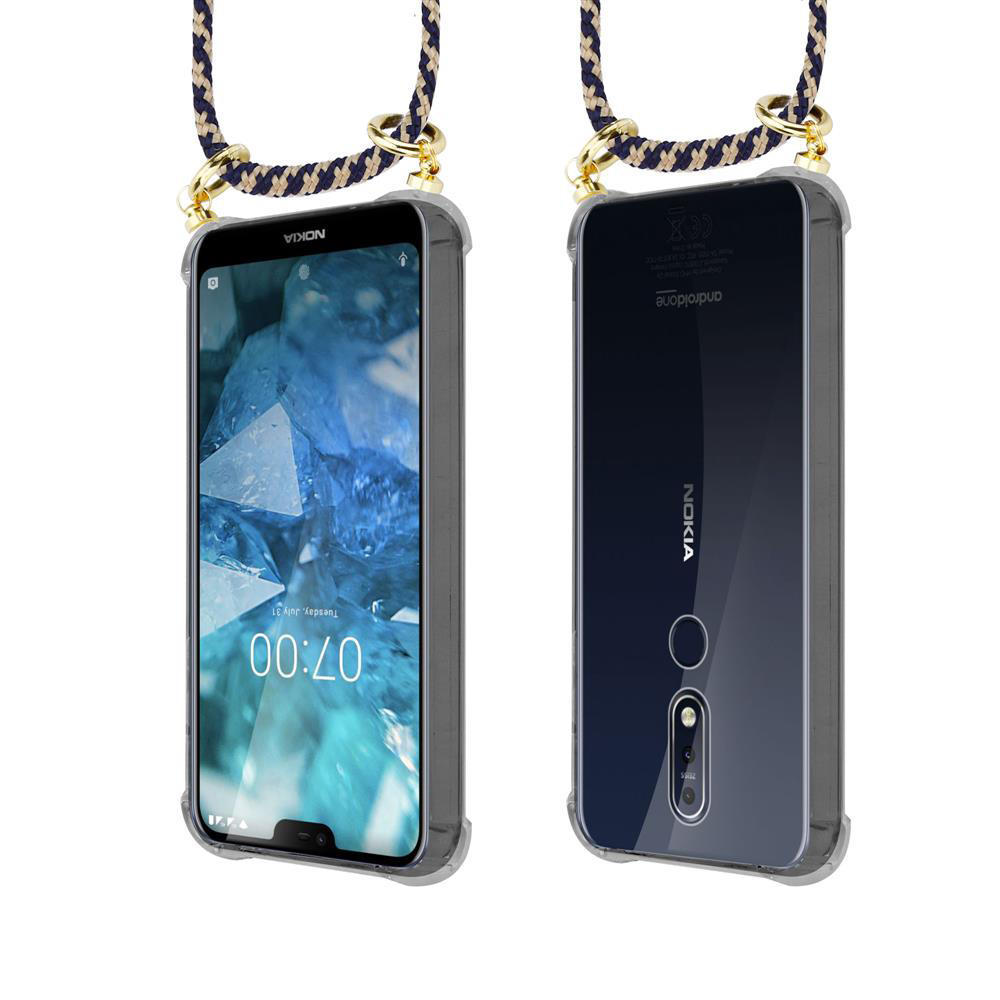 Nokia-Smartphone mit transparentem Gehäuse und Lanyard. Vorder- und Rückansicht.