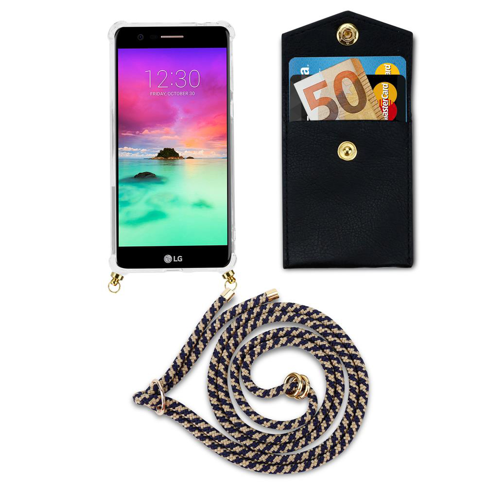 Smartphone mit Hülle, Geldbeutel mit Karten und Lanyard auf weißem Hintergrund.