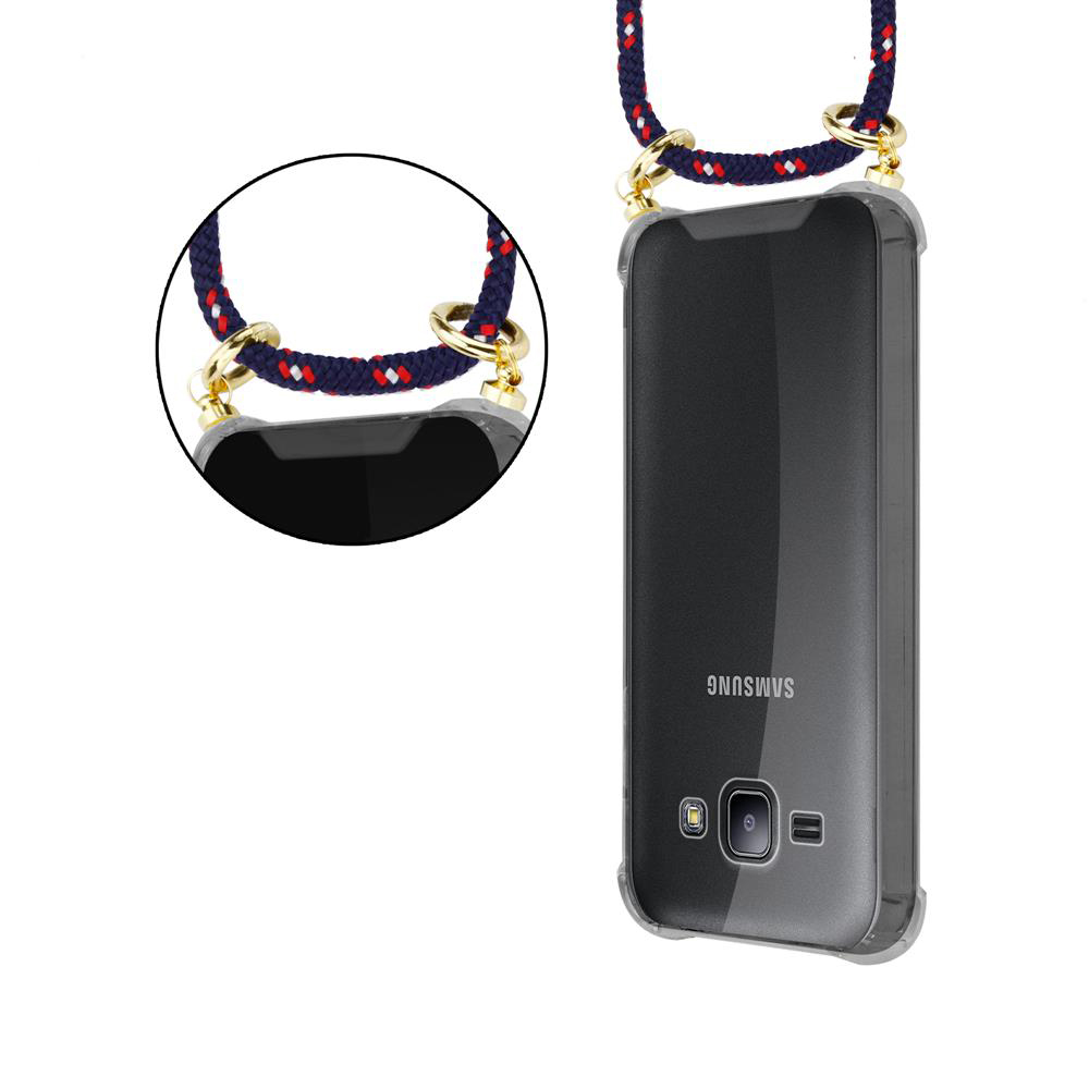 Un telefono Samsung nero con un laccio in corda blu e rosso.