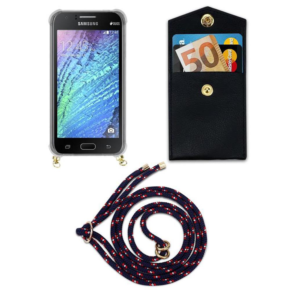 Un telefono nero con un cordino, un portafoglio e denaro.