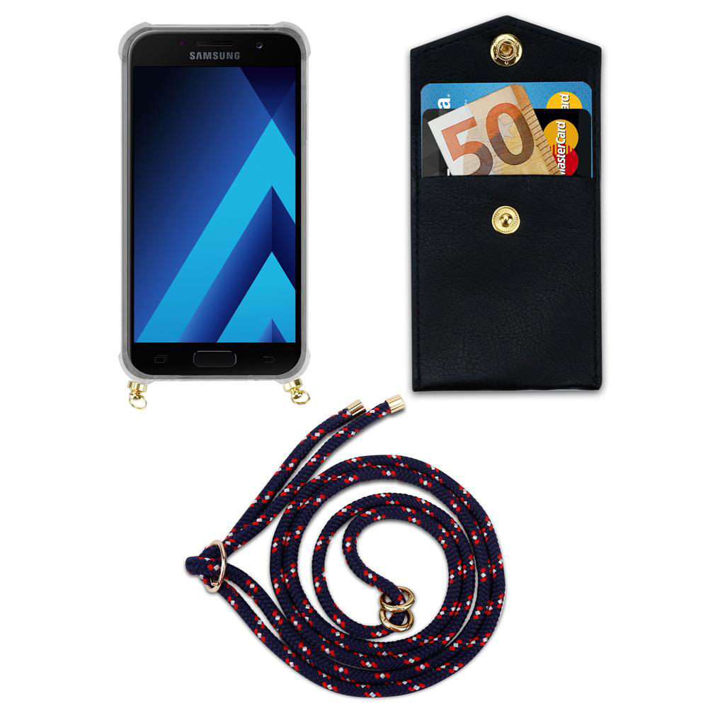 Smartphone in custodia, portafoglio con soldi e carte, e cordino.