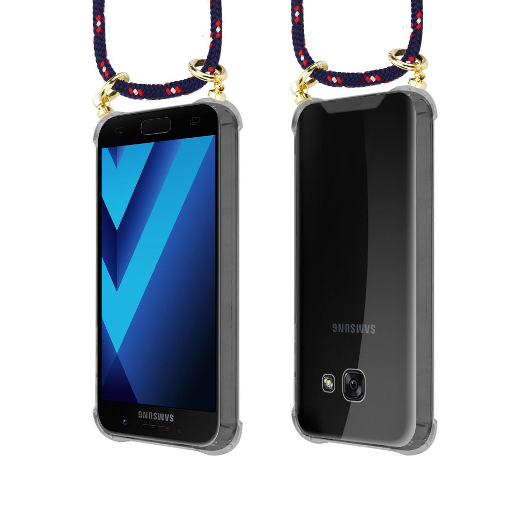 Due smartphone in custodie trasparenti con laccetto, viste frontale e posteriore.