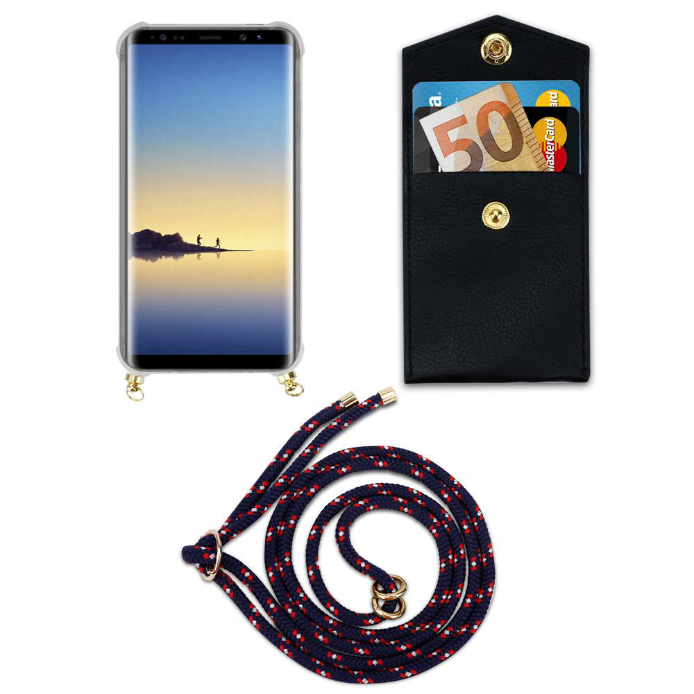 Smartphone con custodia, portafoglio con banconota da 50€ e carte, e cordino.
