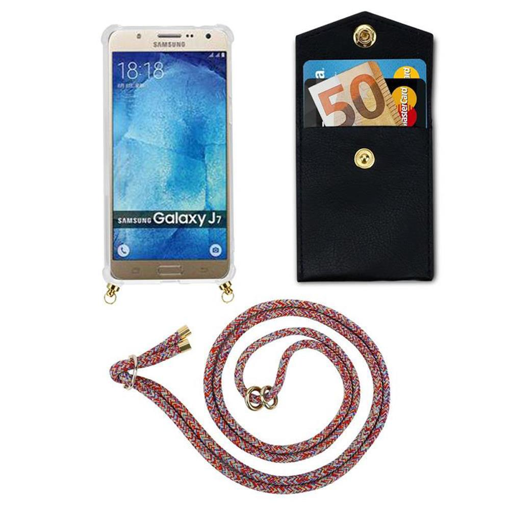 Samsung Galaxy J7 in Hülle mit Kartenhalter und Umhängeband.