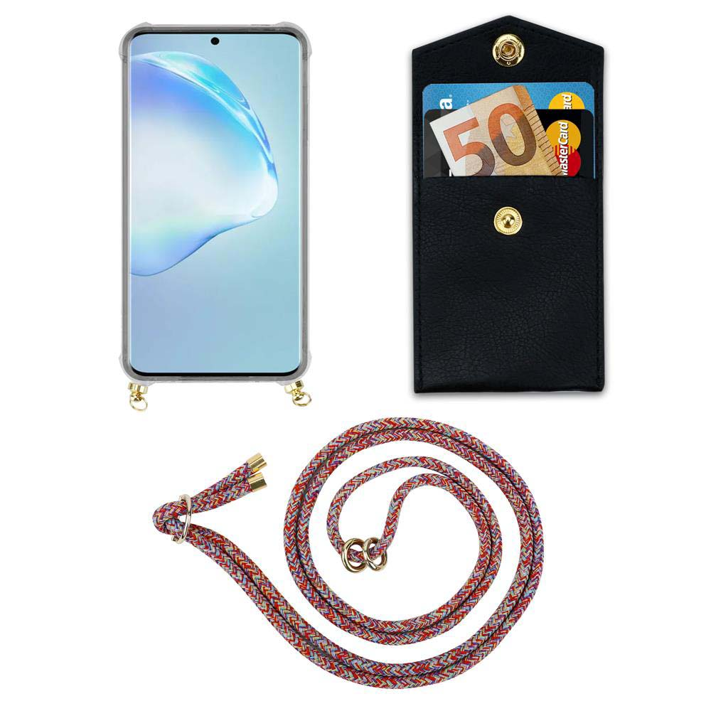 Ein Smartphone mit Hülle, eine schwarze Brieftasche mit Geld und Karten, und ein bunter Lanyard.