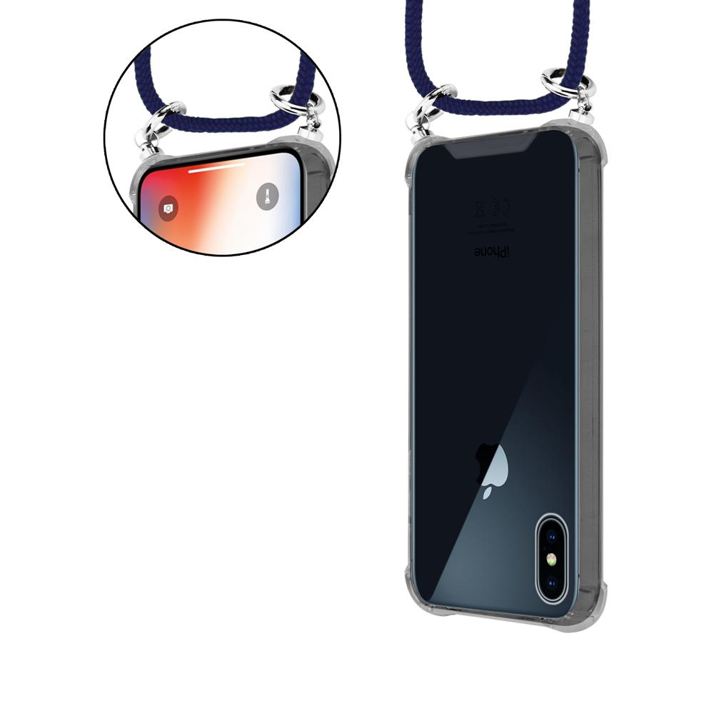 Custodia trasparente per iPhone con cinturino blu.