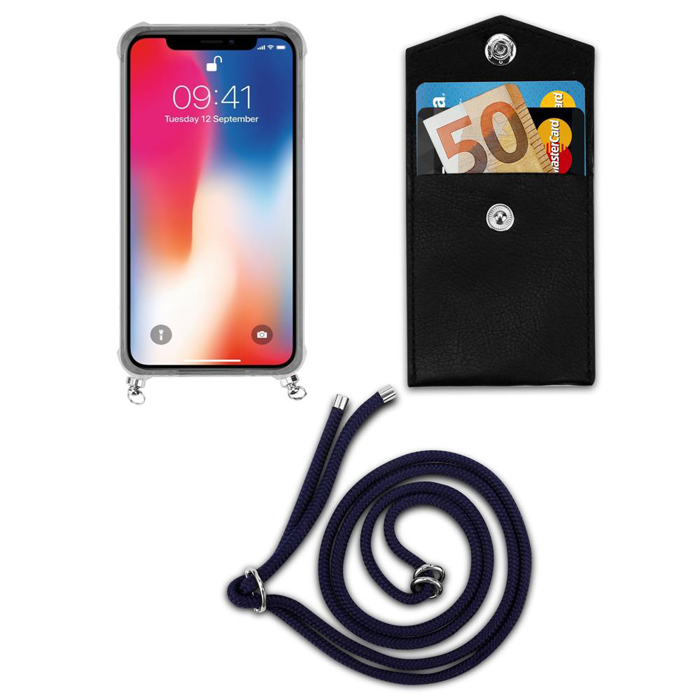 Uno smartphone in custodia, una tasca nera con contanti e carte, e un cordino.