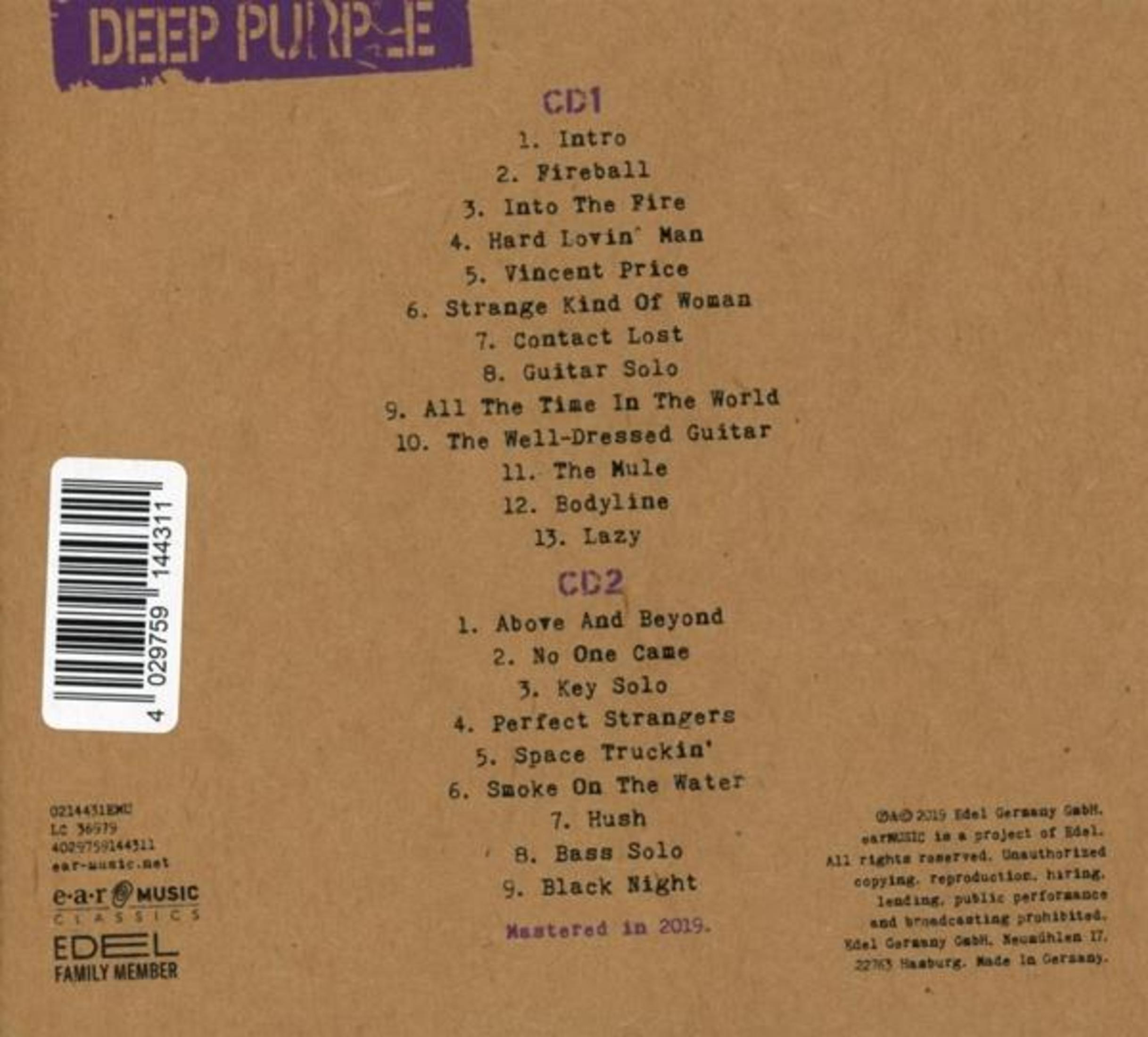 CD-Liste von Deep Purple mit Titeln für CD1 und CD2 auf braunem Hintergrund.