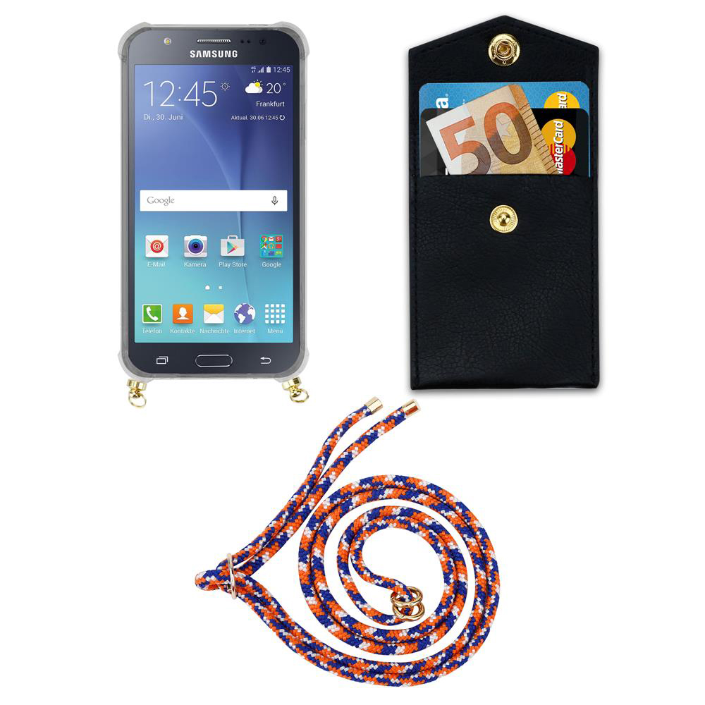 Smartphone Samsung con custodia, banconote e carte accanto. Sotto c'è un cordone.