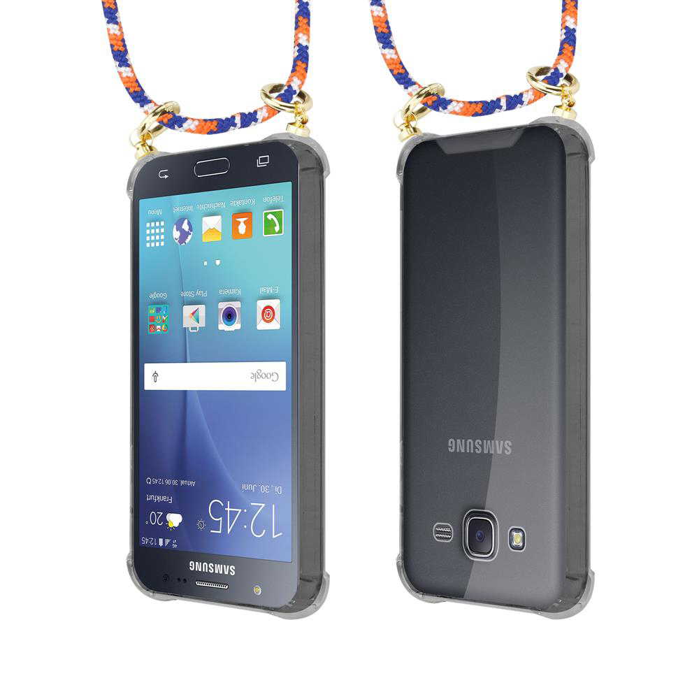 Smartphone Samsung con cordino, vista frontale e posteriore.