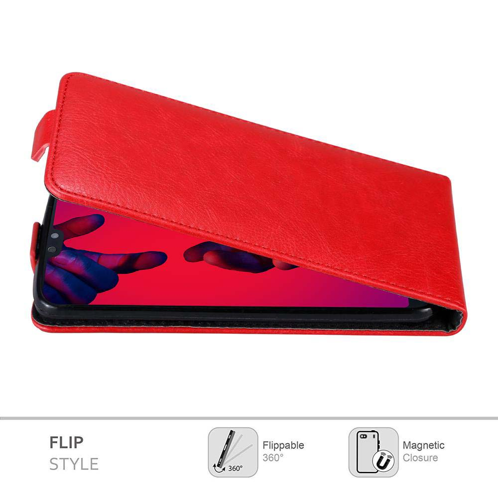 Funda roja tipo libro para smartphone con tapa abierta, mostrando una pantalla vibrante.