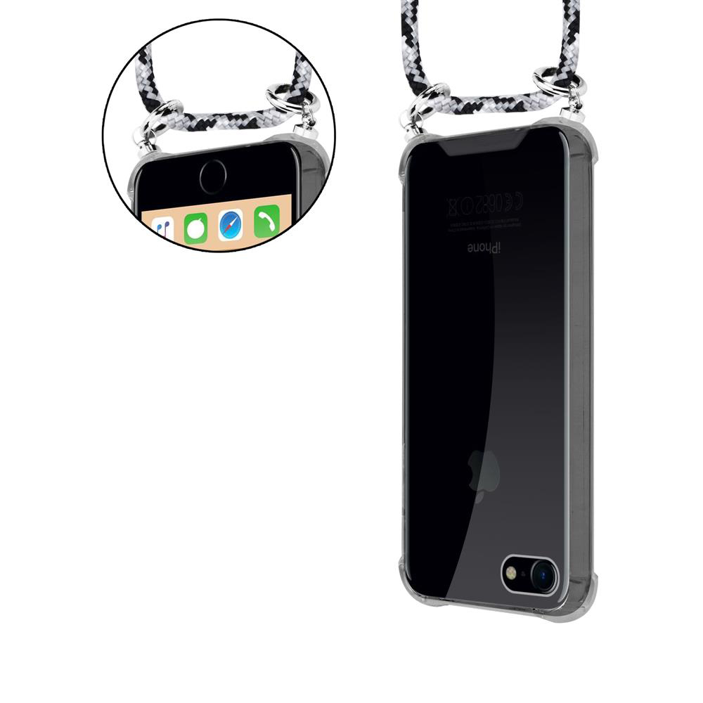 Custodia trasparente per iPhone con cordino bianco e nero attaccato agli angoli.