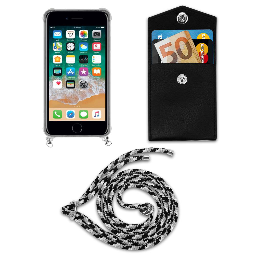 iPhone con app, portafoglio nero con soldi e carta, corda.