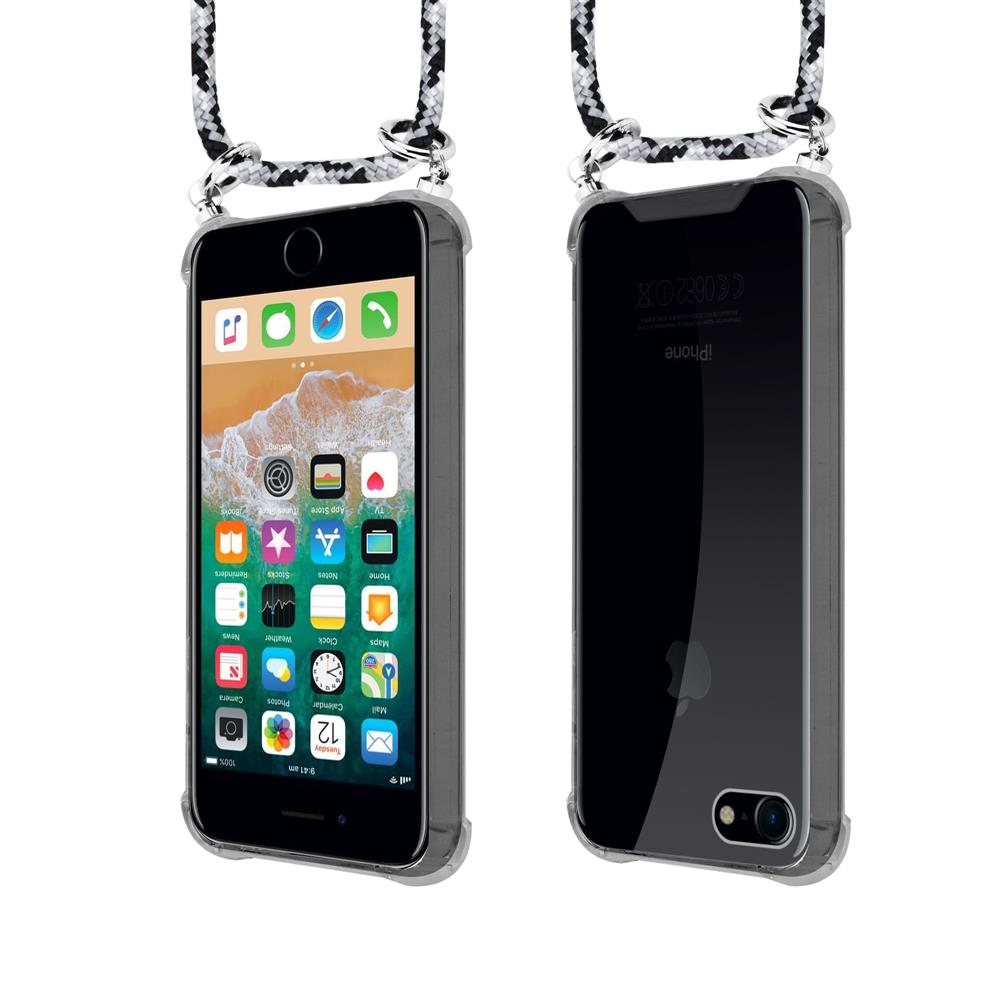 Due viste di un iPhone con cordino e custodia trasparente.