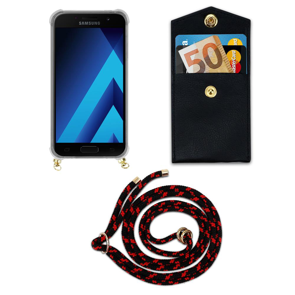 Uno smartphone in una custodia, un portafoglio nero con carte e denaro, e un cordino.